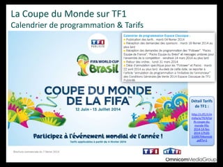 Détail Tarifs
de TF1 :
http://s.tf1.fr/m
mdia/a/70/4/tar
ifs-coupe-du-
monde-fifa-
2014-14-fev-
2014-17h20-
11095704omiob
.pdf?v=1
La Coupe du Monde sur TF1
Calendrier de programmation & Tarifs
 