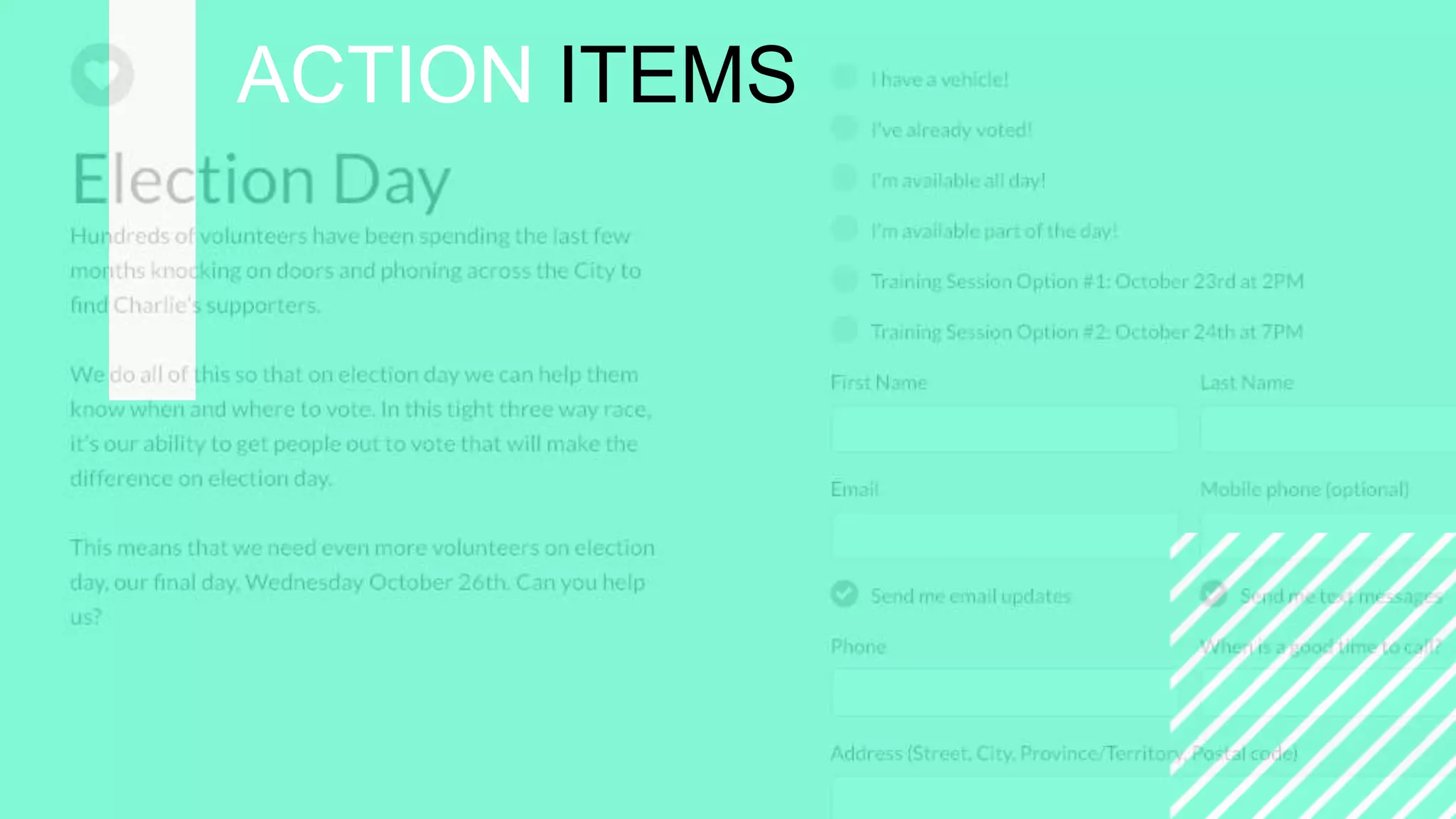 =
CAMPAIGNING
WITH
WORDPRESS
ACTION ITEMS
 