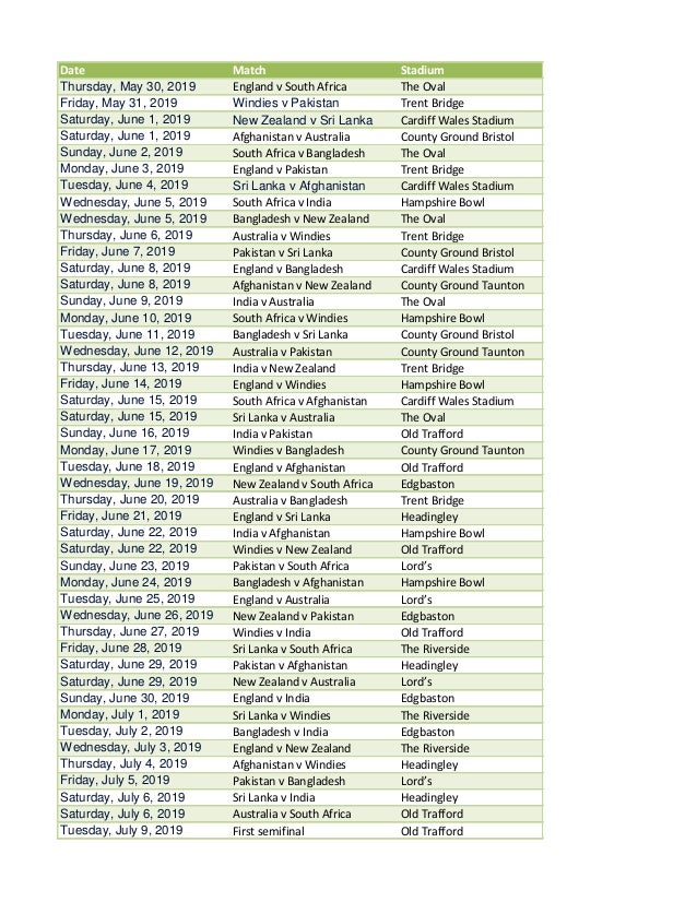 Icc World Cup 2019 Schedule Pdf