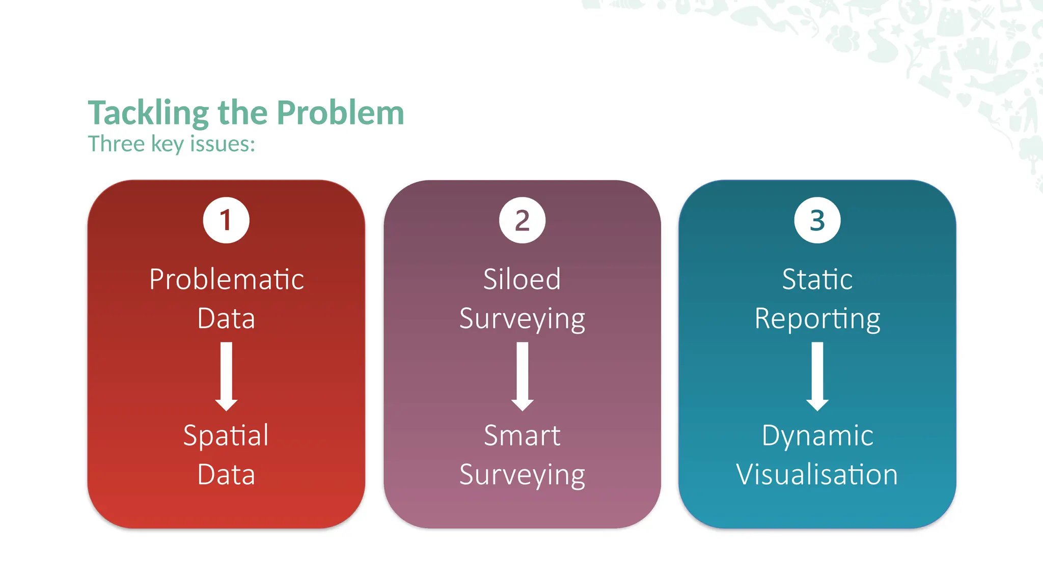 Tackling the Problem
Three key issues:
Problematic
Data
Spatial
Data
Siloed
Surveying
Smart
Surveying
Static
Reporting
Dynamic
Visualisation
 