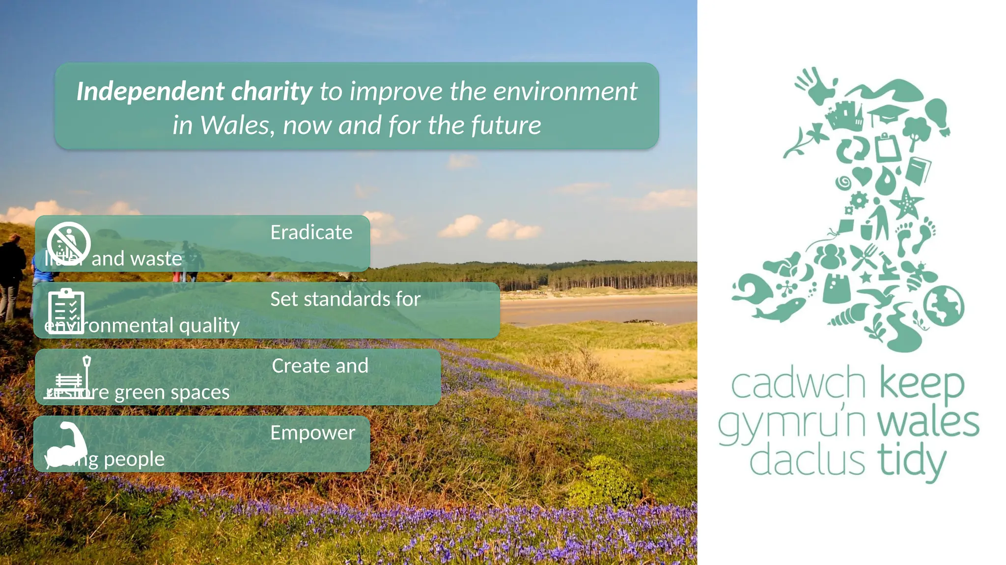Eradicate
litter and waste
Set standards for
environmental quality
Create and
restore green spaces
Empower
young people
Independent charity to improve the environment
in Wales, now and for the future
 