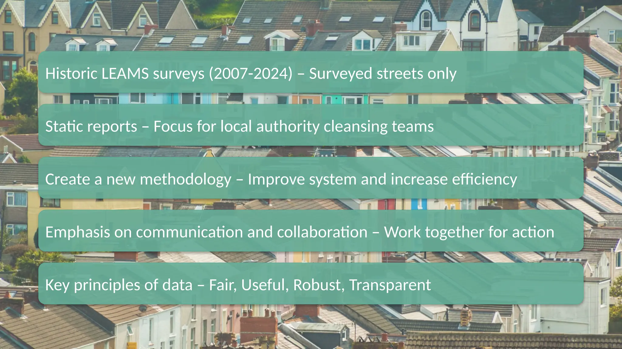 Historic LEAMS surveys (2007-2024) – Surveyed streets only
Static reports – Focus for local authority cleansing teams
Create a new methodology – Improve system and increase efficiency
Emphasis on communication and collaboration – Work together for action
Key principles of data – Fair, Useful, Robust, Transparent
 