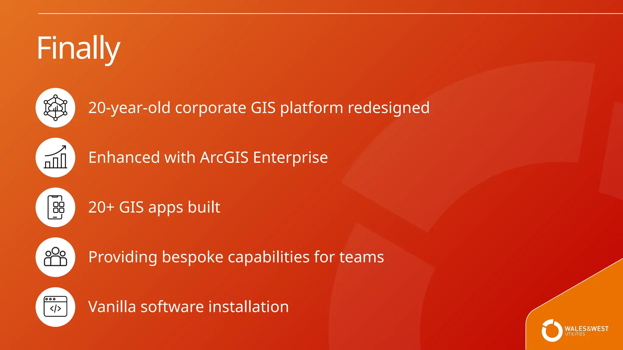 Finally
20-year-old corporate GIS platform redesigned
Enhanced with ArcGIS Enterprise
20+ GIS apps built
Providing bespoke capabilities for teams
Vanilla software installation
 