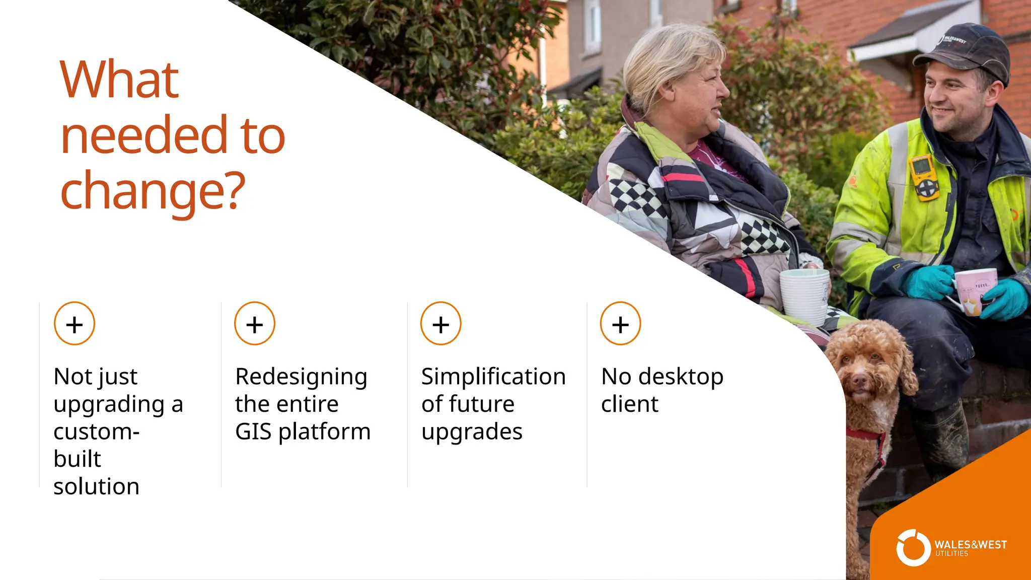 What
needed to
change?
Not just
upgrading a
custom-
built
solution
+
Redesigning
the entire
GIS platform
+
Simplification
of future
upgrades
+
No desktop
client
+
 