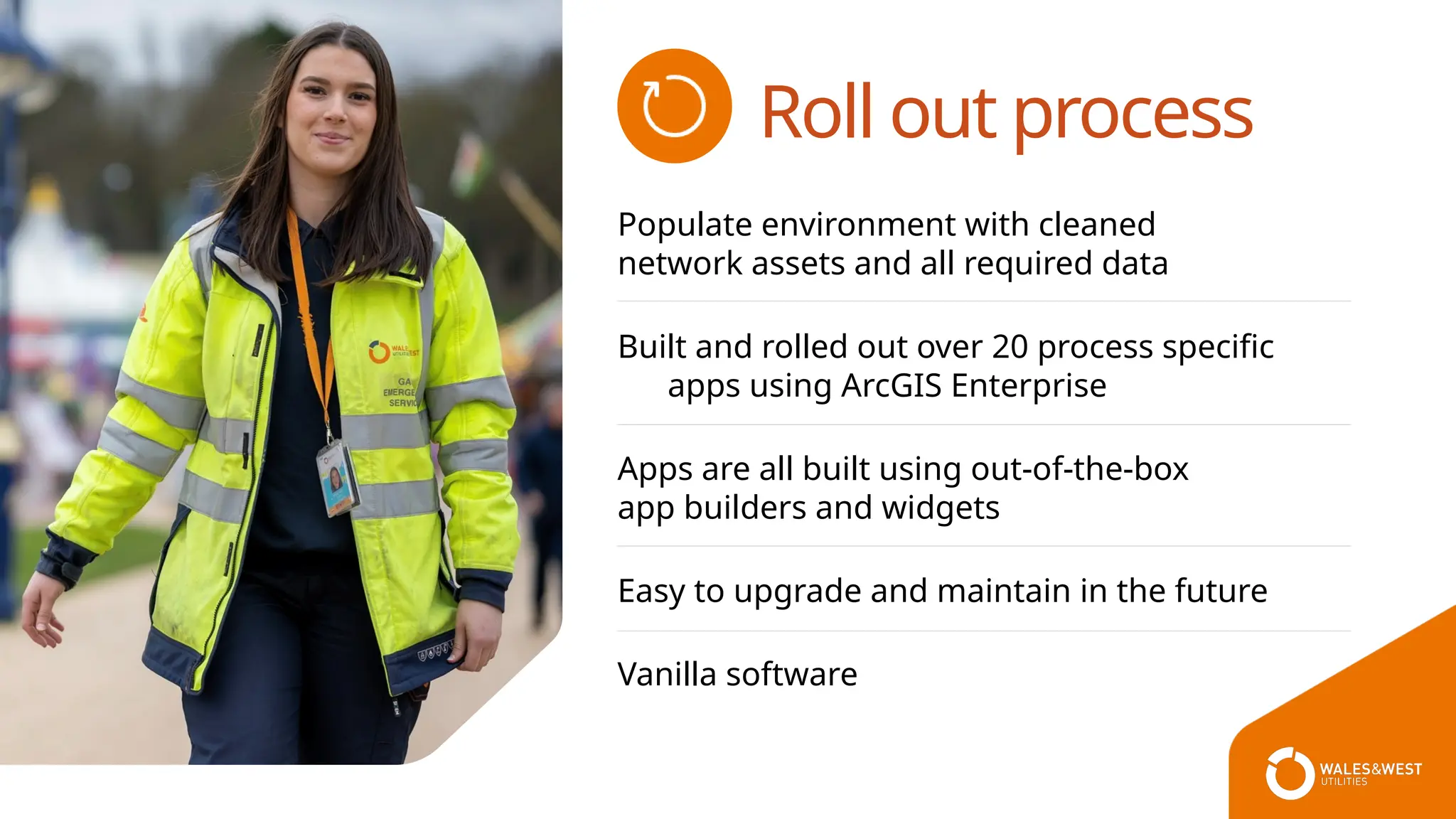 Roll out process
Populate environment with cleaned
network assets and all required data
Built and rolled out over 20 process specific
apps using ArcGIS Enterprise
Apps are all built using out-of-the-box
app builders and widgets
Easy to upgrade and maintain in the future
Vanilla software
 