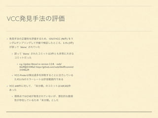 VCC
15% VCC (96 )
3.1% (3 )
`blame`
`blame` 3
e.g. Update libtool to version 2.2.8. · vadz/
libtiff@31040a3 https://github.com/vadz/libtiff/commit/
31040a39
VCC-Finder
3.1%
VCC 640 169,502
CVE
 