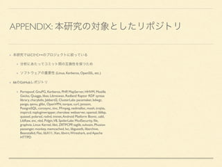 APPENDIX:
C C++
(Linux, Kerberos, OpenSSL, etc.)
66 GitHub
Portspoof, GnuPG, Kerberos, PHP, MapServer, HHVM, Mozilla
Gecko, Quagga, libav, Libreswan, Redland Raptor RDF syntax
library, charybdis, Jabberd2, ClusterLabs pacemaker, bdwgc,
pango, qemu, glibc, OpenVPN, torque, curl, jansson,
PostgreSQL, corosync, tinc, FFmpeg, nedmalloc, mosh, trojita,
inspircd, nspluginwrapper, cherokee webserver, openssl, libfep,
quassel, polarssl, radvd, tntnet,Android Platform Bionic, uzbl,
LibRaw, znc, nbd, Pidgin,V8, SpiderLabs ModSecurity, ﬁle,
graphviz, Linux Kernel, libti, ZRTPCPP, taglib, suhosin, Phusion
passenger, monkey, memcached, lxc, libguestfs, libarchive,
Beanstalkd, Flac, libX11, Xen, libvirt,Wireshark, and Apache
HTTPD
 