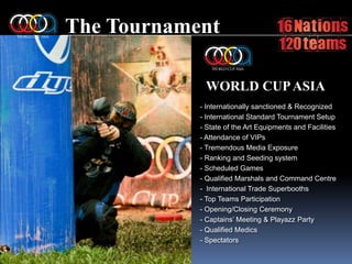 The TournamentWORLD CUP ASIA- Internationally sanctioned & Recognized- International Standard Tournament Setup- State of the Art Equipments and Facilities- Attendance of VIPs- Tremendous Media Exposure- Ranking and Seeding system- Scheduled Games- Qualified Marshals and Command Centre-  International Trade Superbooths- Top Teams Participation- Opening/Closing Ceremony- Captains’ Meeting & Playazz Party- Qualified Medics- Spectators