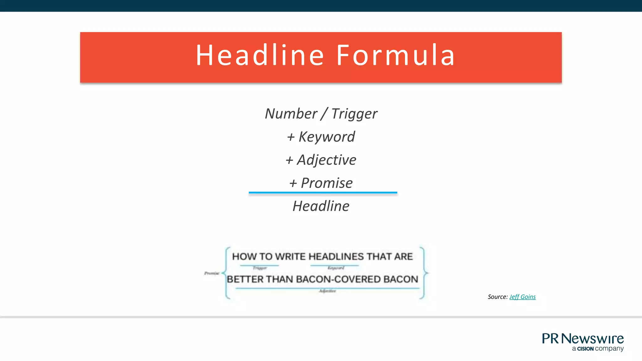 Headline Formula
Number / Trigger
+ Keyword
+ Adjective
+ Promise
Headline
Source: Jeff Goins
 