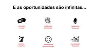 E as oportunidades são infinitas...
agentes
virtuais
análise de
identidade
robótica
cognitiva
análise de
discurso
sistemas de
recomendação
visualização
de dados
 