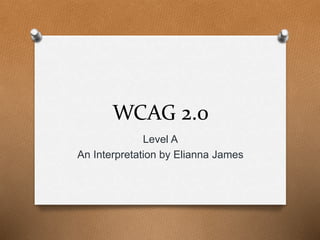 WCAG 2.0 
Level A 
An Interpretation by Elianna James 
 