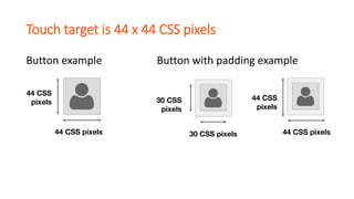 Touch target is 44 x 44 CSS pixels
Button example Button with padding example
44 CSS pixels
44 CSS
pixels
30 CSS pixels
30...
