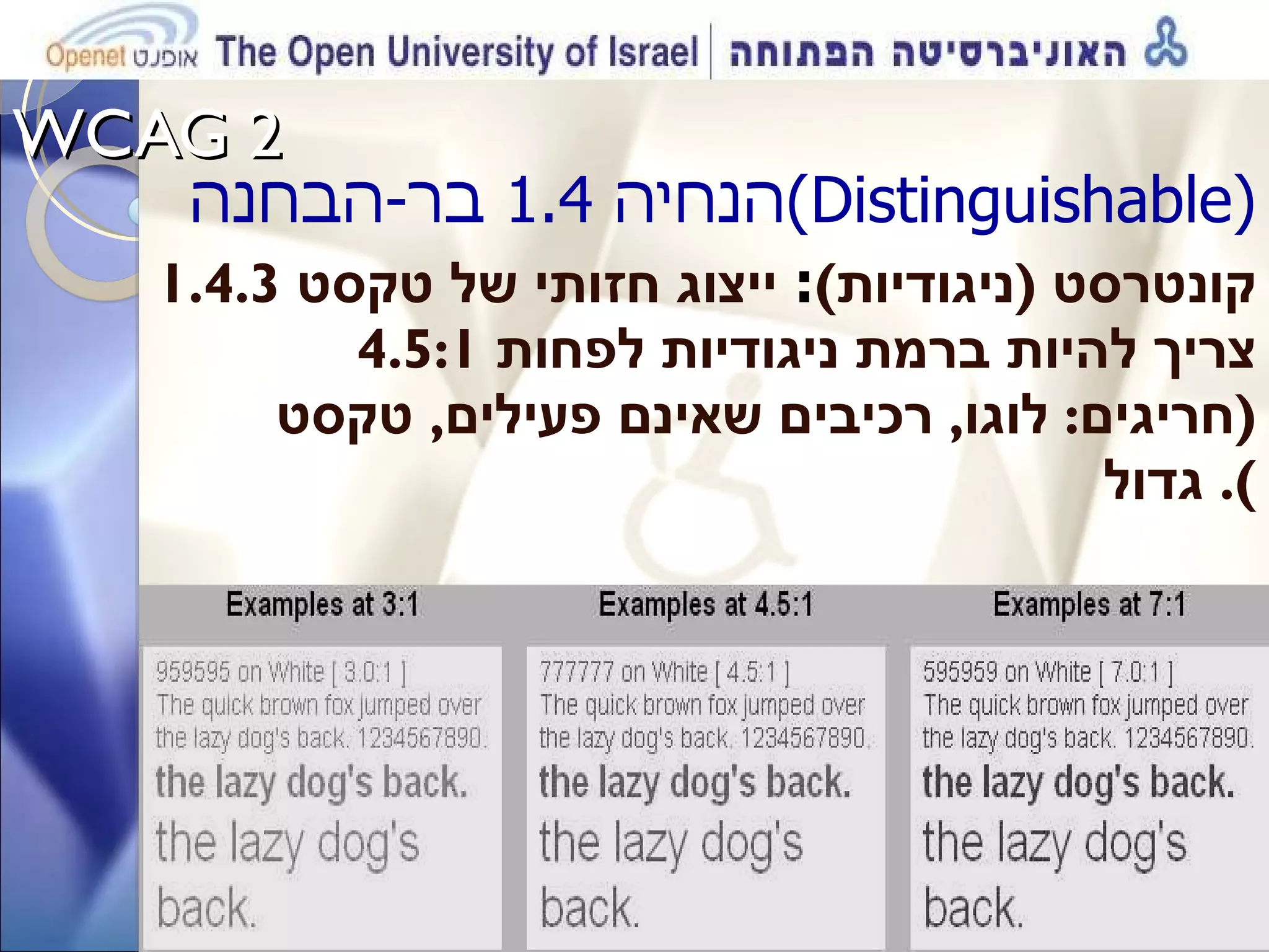 WCAG 2  הנחיה  1.4  בר - הבחנה  ( Distinguishable )  1.4.3  קונטרסט  ( ניגודיות ) :  ייצוג חזותי של טקסט צריך להיות ברמת ניגודיות לפחות  4.5:1 ( חריגים :  לוגו ,  רכיבים שאינם פעילים ,  טקסט גדול ).  