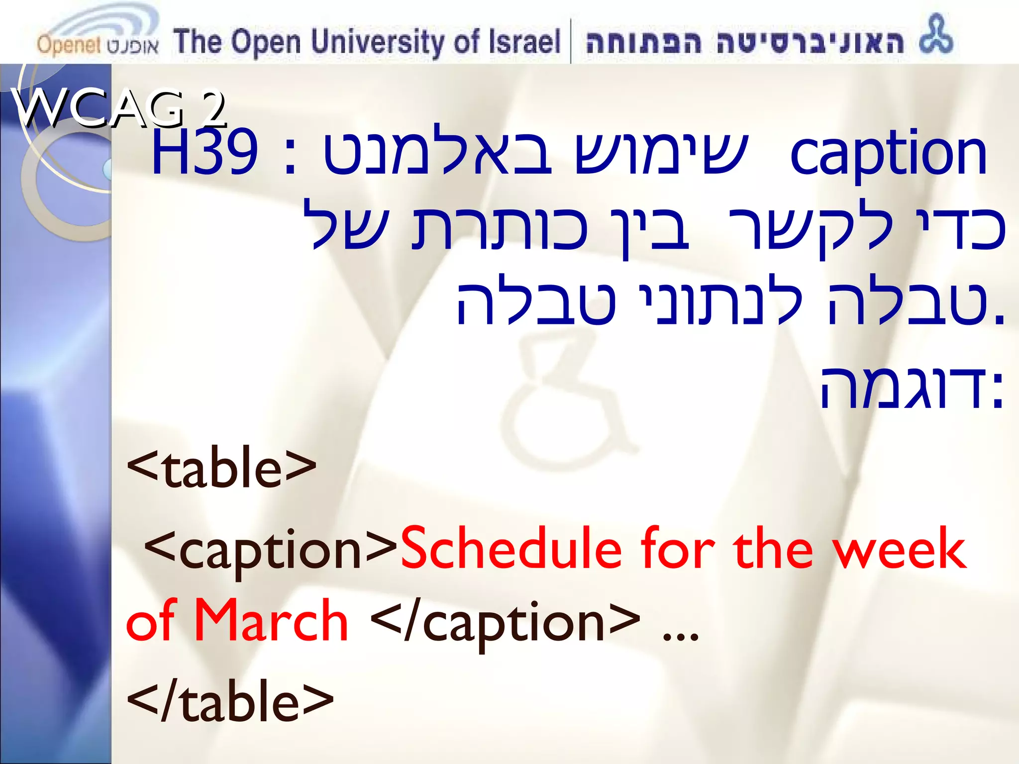 WCAG 2  H39  :  שימוש באלמנט  caption  כדי לקשר  בין כותרת של טבלה לנתוני טבלה  . דוגמה : <table> <caption> Schedule for the week of March  </caption> ... </table>  