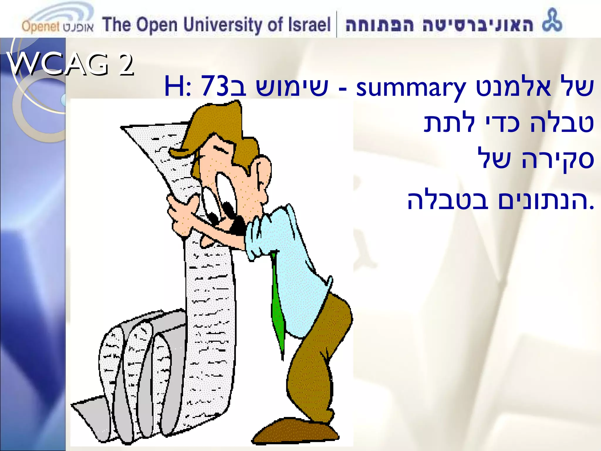 WCAG 2  H: 73 שימוש ב -  summary   של אלמנט טבלה כדי לתת  סקירה של הנתונים בטבלה . 