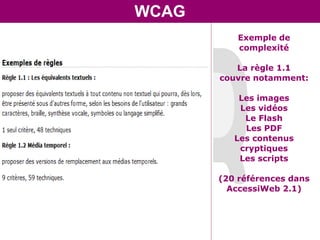 WCAG
           Exemple de
           complexité

          La règle 1.1
       couvre notamment:

           Les images
           Les vidéos
            Le Flash
            Les PDF
          Les contenus
           cryptiques
           Les scripts

       (20 références dans
         AccessiWeb 2.1)
 