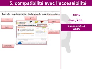 5. compatibilité avec l’accessibilité

                               HTML

                            Flash, PDF…

                            Javascript et
                               ARIA
 