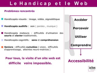 Le Handicap et le Web
Problèmes rencontrés


Handicapés visuels : image, vidéo, signalétique           Accéder

Handicapés auditifs : son ( paroles , musique )
                                                         Percevoir
Handicapés moteurs : difficultés d'utilisation des
souris et clavier traditionnels.
                                                          Utiliser
Handicapés cognitifs : sens et compréhension

                                                        Comprendre
Seniors : difficultés cumulées ( vision, difficultés
d'apprentissage, atteintes neuro-motrices )



 Pour tous, la visite d'un site web est
                                                       Accessibilité
    difficile     voire impossible.
 
