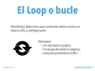 dariobf.com #WCAlicante2017
WordPress determina qué contenido debe mostrar en
base a URL y configuración.
El Loop o bucle
Ejemplos:
- Un sólo post o página.
- Un grupo de posts o páginas.
- Consulta parámetros (URL)
 