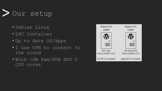 >> Our setup
• Debian Linux
• LXC Container
• Up to date OS/Apps
• I use VPN to connect to
the cloud
• With 1GB Ram/8GB HDD 2
CPU cores
 