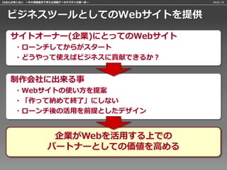 IAなんか怖くない 〜中小規模案件で考える情報アーキテクチャの第一歩〜   PAGE:19




 ビジネスツールとしてのWebサイトを提供

   サイトオーナー(企業)にとってのWebサイト
     ・ローンチしてからがスタート
     ・どうやって使えばビジネスに貢献できるか？


   制作会社に出来る事
     ・Webサイトの使い方を提案
     ・「作って納めて終了」にしない
     ・ローンチ後の活用を前提としたデザイン


                   企業がWebを活用する上での
                  パートナーとしての価値を高める
 