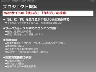 IAなんか怖くない 〜中小規模案件で考える情報アーキテクチャの第一歩〜   PAGE:24




  プロジェクト提案
   Webサイトの「使い方」「作り方」の提案
  「誰」に「何」を伝えるか？をはじめに検討する
    「とりあえずデザイン変える」では効果が望めない

  ワークショップ形式でのコンテンツ設計
    社内の意思形成が容易
    仮説の検証を社内で把握しやすい

  運用体制
    部署を横断したプロジェクトチーム形式のほうが良い
    情報が偏らない
    若手を入れる事で鮮度を保つ
    Webサイト運用が若手の教育に繋がる

  効果測定指標の検討
    定量化が難しい
    問い合わせ件数
    営業スタッフの満足度調査
 