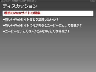 IAなんか怖くない 〜中小規模案件で考える情報アーキテクチャの第一歩〜   PAGE:26




 ディスカッション
   理想のWebサイトの模索
 新しいWebサイトをどう活用したいか？

 新しいWebサイトに何があるとユーザーにとって有益か？

 ユーザーは、どんな人/どんな時/どんな場合か？
 