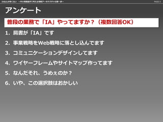IAなんか怖くない 〜中小規模案件で考える情報アーキテクチャの第一歩〜   PAGE:5




 アンケート
   普段の業務で「IA」やってますか？（複数回答OK）
 1. 肩書が「IA」です

 2. 事業戦略をWeb戦略に落とし込んでます

 3. コミュニケーションデザインしてます

 4. ワイヤーフレームやサイトマップ作ってます

 5. なんだそれ、うめぇのか？

 6. いや、この選択肢はおかしい
 