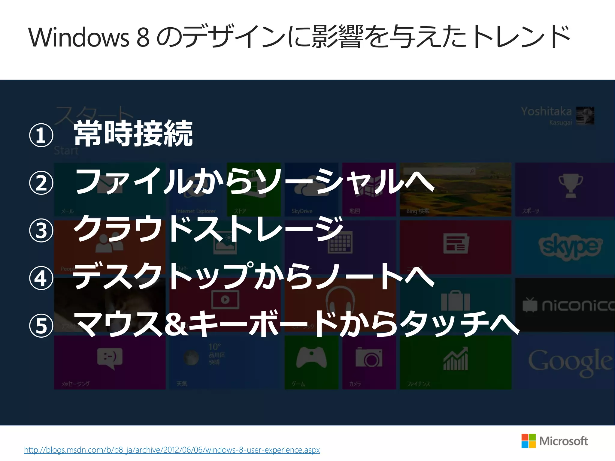 Windows 8 のデザインに影響を与えたトレンド


① 常時接続
② ファイルからソーシャルへ
③ クラウドストレージ
④ デスクトップからノートへ
⑤ マウス&キーボードからタッチへ



http://blogs.msdn.com/b/b8_ja/archive/2012/06/06/windows-8-user-experience.aspx
 
