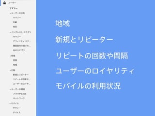 地域
新規とリピーター
モバイルの利用状況
リピートの回数や間隔
ユーザーのロイヤリティ
 
