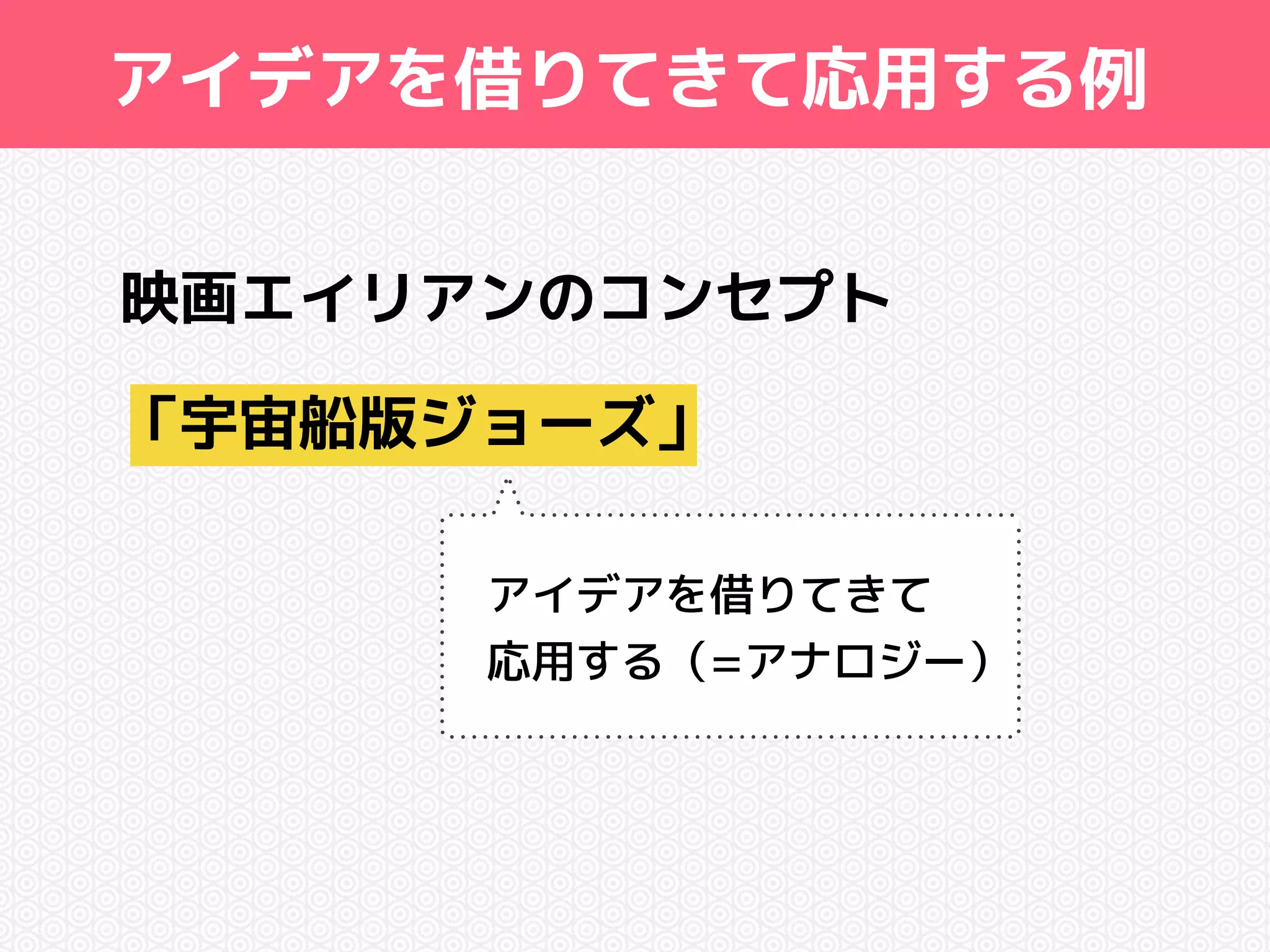 アイデアを借りてきて応用する例 
映画エイリアンのコンセプト 
「宇宙船版ジョーズ」 
アイデアを借りてきて 
応用する（=アナロジー） 
 