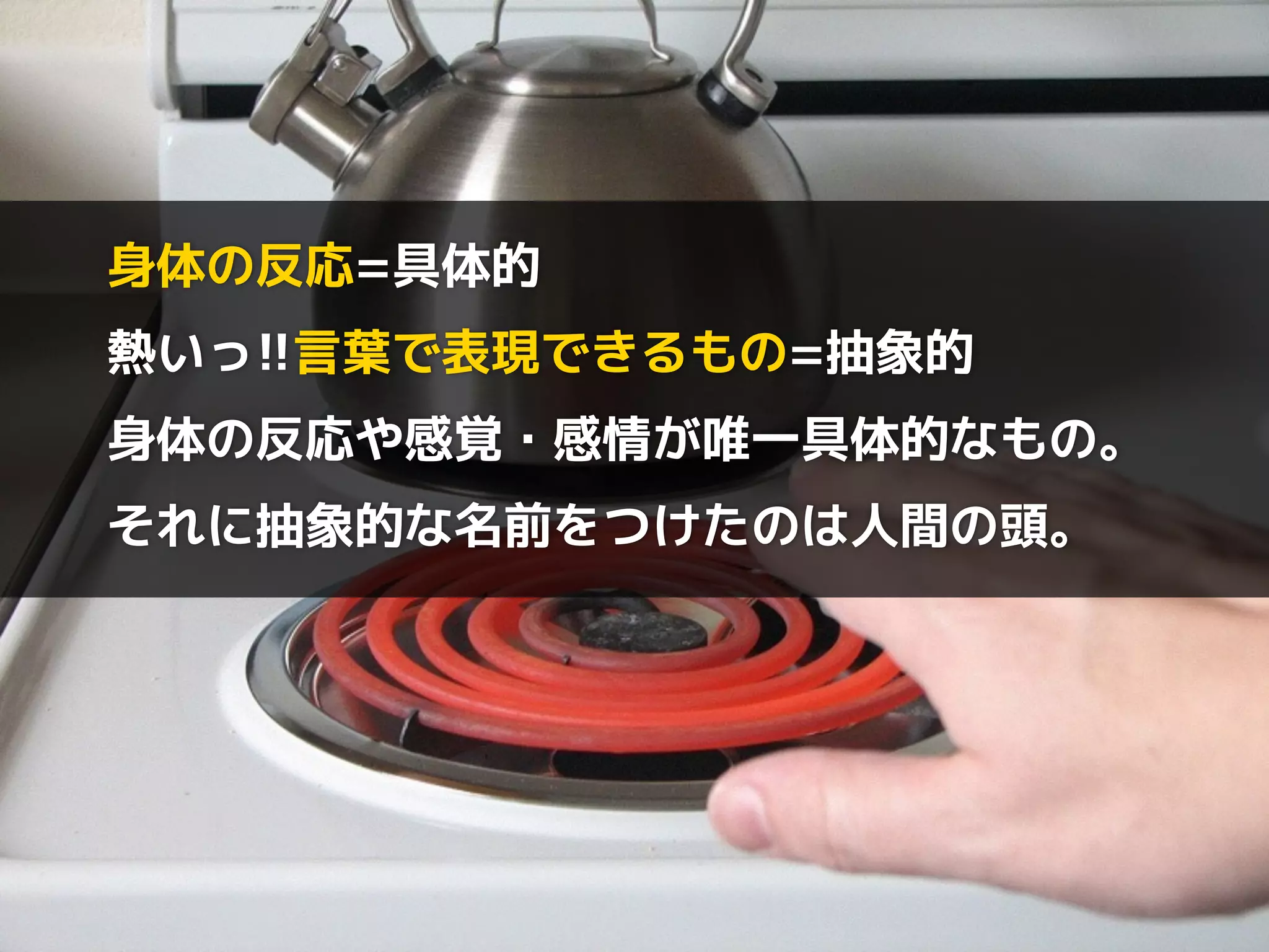 身体の反応=具体的 
熱いっ!!言葉で表現できるもの=抽象的 
身体の反応や感覚・感情が唯一具体的なもの。 
それに抽象的な名前をつけたのは人間の頭。 
 