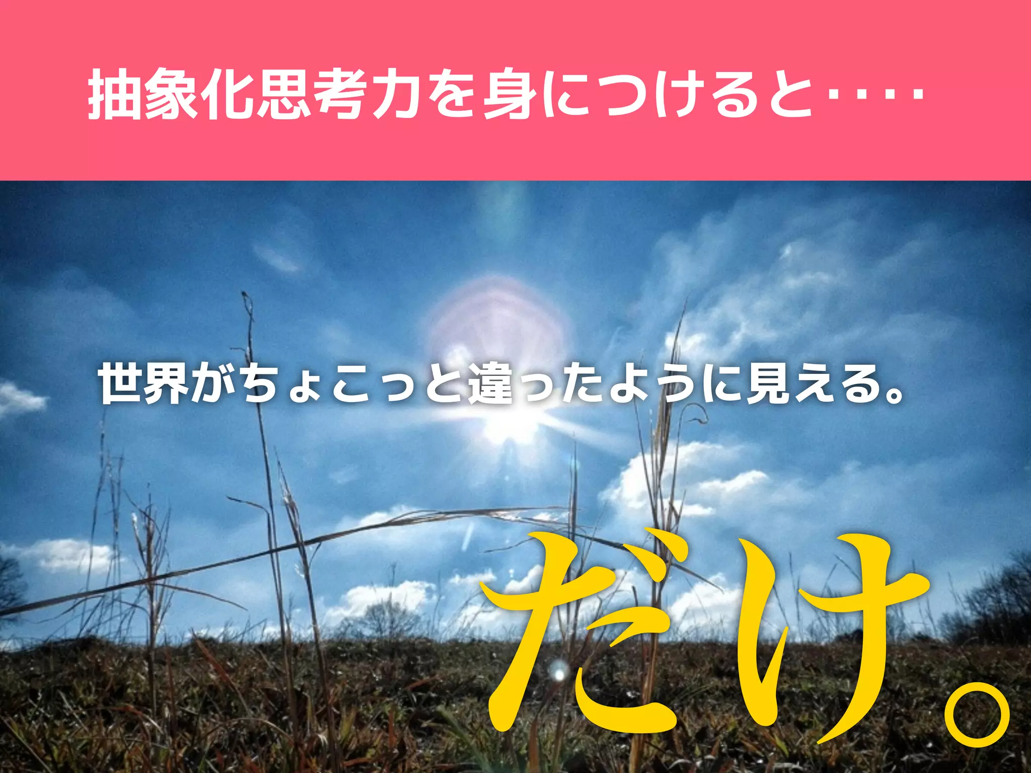 抽象化思考力を身につけると‥‥ 
世界がちょこっと違ったように見える。 
だけ。 
 