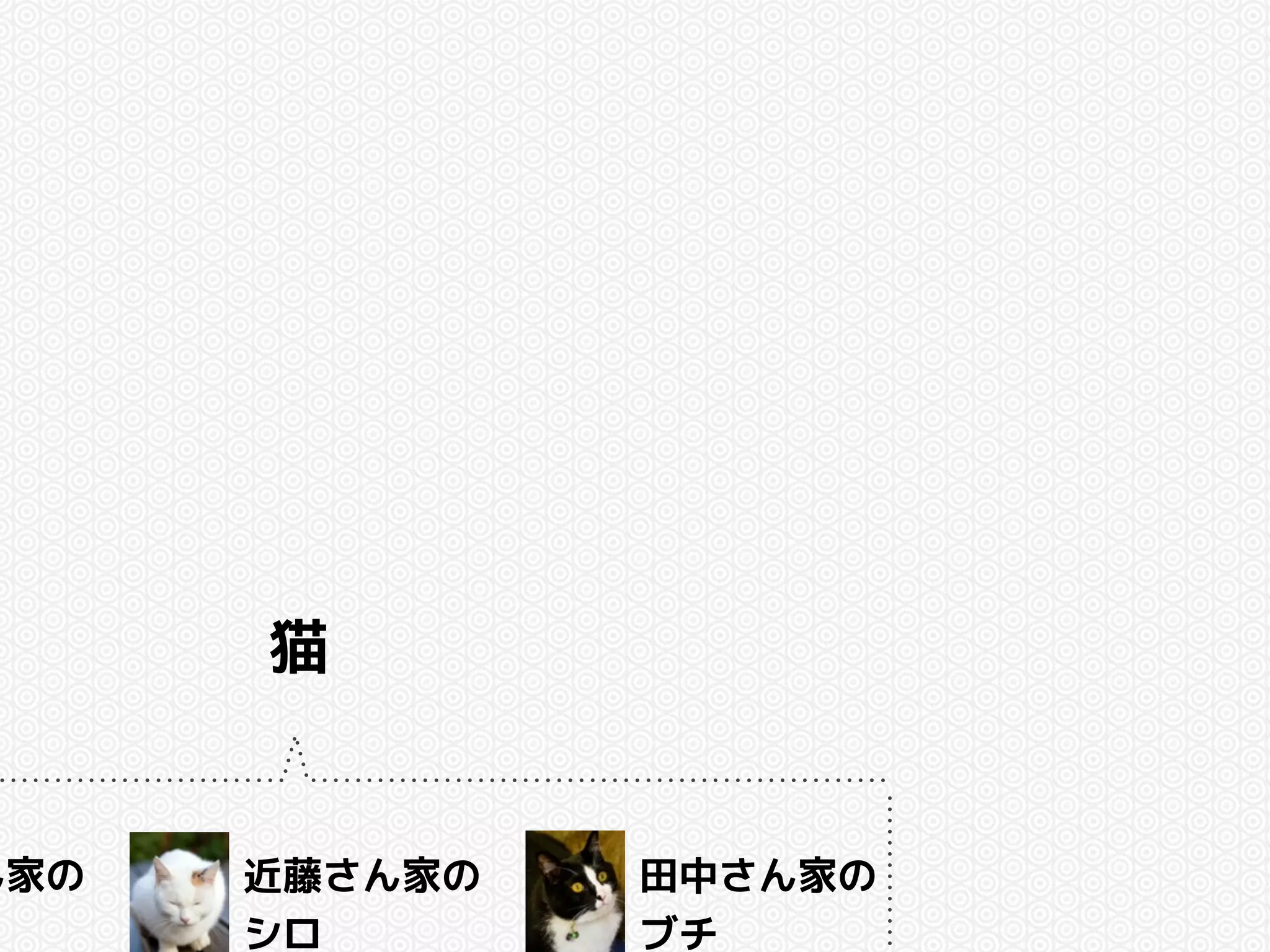猫 
ん家の 
近藤さん家の 
シロ 
田中さん家の 
ブチ 
 