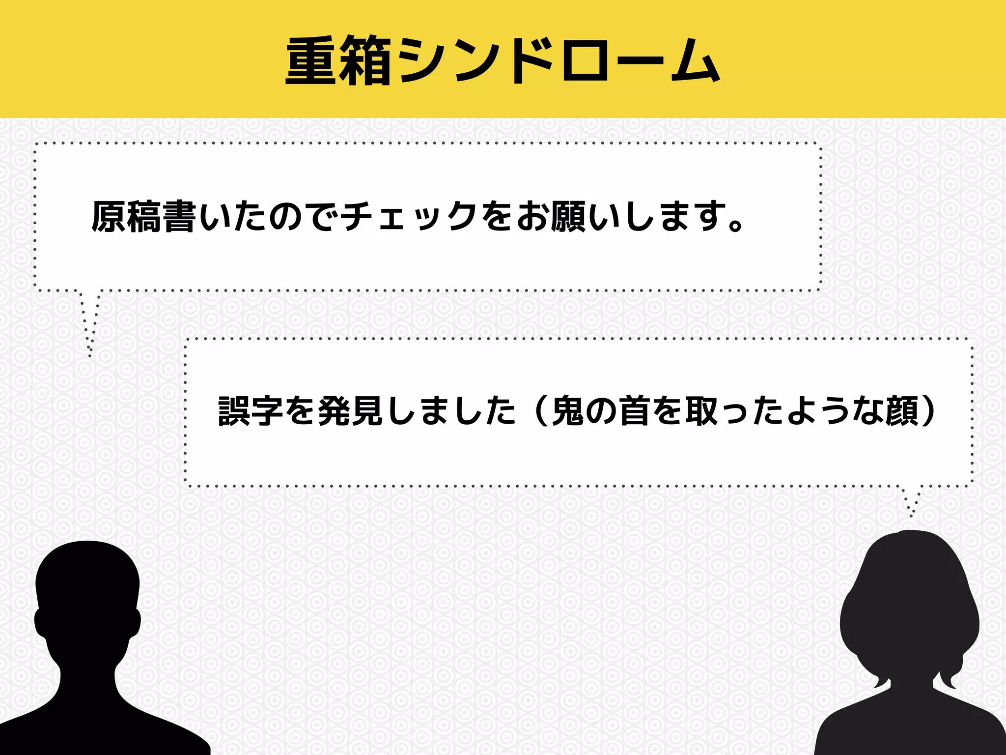 重箱シンドローム 
原稿書いたのでチェックをお願いします。 
誤字を発見しました（鬼の首を取ったような顔） 
 