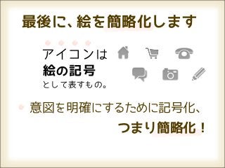 最後に、絵を簡略化します

 アイコン は
 絵 の 記号
 として表すもの。


意図を明確にするために記号化、
            つまり簡略化！
 