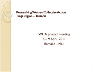 Researching Women Collective Action  Tanga region – Tanzania WCA project meeting 6 – 9 April, 2011 Bamako - Mali 
