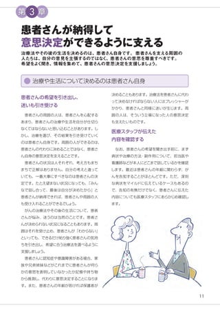 11
患者さんが納得して
意思決定ができるように支える
治療法やその後の生活を決めるのは、患者さん自身です。患者さんを支える周囲の
人たちは、
自分の意見を主張するのではな
く
、患者さんの意思を尊重すべきです。
希望をよ
く
聞き、情報を集めて、患者さんの意思決定を支援し
ま
し
ょ
う。
決めることもあります。治療法を患者さんに代わ
って決めなければならない人にはプレッシャーが
かかり、患者さんと同様に迷いが生じます。周
囲の人は、そういう立場になった人の意思決定
も支えたいものです。
医療スタッフが伝えた
内容を確認する
　なお、患者さんの希望を聞き出す前に、まず
病状や治療の方法・副作用について、担当医や
看護師などが本人にどこまで話しているかを確認
します。最近は患者さんの年齢に関わらず、が
んを告知することがほとんどです。ただ、深刻
な病状をマイルドに伝えているケースもあるの
で、告知の有無だけでなく、患者さんに伝えた
内容についても医療スタッフにあらかじめ確認し
ます。
患者さんの希望を引き出し、
迷いも引き受ける
　患者さんの周囲の人は、患者さんを心配する
あまり、患者さんの治療や生活を自分が仕切ら
なくてはならないと思い込むことがあります。し
かし、治療を選び、その結果を引き受けていく
のは患者さん自身です。周囲の人ができるのは、
患者さんの代わりに決めることではなく、患者さ
ん自身の意思決定を支えることです。
　患者さんの状況は人それぞれ、考え方もまち
まちで正解はありません。自分の考えと違って
いても、一番大事にすべきなのは患者さんの決
定です。たとえ望まない状況になっても、
「みん
なで話し合って、最後は自分が決めたから」と
患者さんが納得できれば、患者さんや周囲の人
も受け入れることができるでし
ょ
う。
　がんの治療法やその後の生活について、患者
さんが悩み、迷うのは当然のことです。患者さ
んが決められない状況になることもあります。周
囲はそれを受け止め、患者さんが「わからない」
といっても、できるだけ粘り強く患者さんの気持
ちを引き出し、希望に合う治療法を選べるように
支援しまし
ょ
う。
　患者さんに認知症や意識障害がある場合、家
族や兄弟姉妹などがこれまでに患者さんが何ら
かの意思を表明していなかったか記憶や持ち物
から推測し、代わりに意思決定することになりま
す。また、患者さんの年齢が若ければ保護者が
治療や生活について決めるのは患者さん自身
第 3 章
 