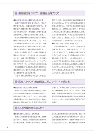 6
限らず、また、自分の期待とは違う結果になる
かもしれません。相手にも相手の都合や気持ち
があるのですから、引きずらずに気持ちを切り
換えましょう。望まないのにサポートを申し出
る人には
「こちらから頼むときにお願いします」
とはっきり告げます。何かしたいという気持ち
をすくい取って、患者さんへのメールや手紙な
ど負担の少ないことを頼むといいでしょう。
●
“ケアしている人のケア”も力になる
　自分が直接患者さんにできることはあまりな
いように思えても、“患者さんをケアしている
人をケアする”ことで、間接的に患者さんを支
えることができます。自分の買い物のついでに
買い物を引き受ける、ペットを預かるなど、小
さなことでかまいません。患者さんを支えてい
る人はそのことを患者さんや周囲の人に認めて
もらいたいと感じるものです。“ケアする人の
ケア”は患者さんを支える人の行為を認めるこ
とにもなり、励ましになります。
●自分がすべきことと頼めることを分ける
　治療や日常生活では
「やるべきこと」
「できれ
ばやるべきこと」の優先順位を付けます。1週
間単位で「食事の買い物」
「猫の世話」
「クリー
ニングを取りに行く」など細かく分類すると優
先順位や他人に頼むことがはっきりします。
　誰でも時間や体力には限界があるのですから、
無理せず誰かに支えてもらいましょう。その
ことを患者さんが嫌がっても（たとえば、家事
を家族以外の誰かに頼むのは嫌だと言っても）
、
共倒れを避けるには休息も援助も必要です。
　患者さんや周囲で支える人が病状や用事を情
報共有するために、インターネット上の共有カ
レンダー、病室や家に置く連絡ノートを利用し、
担当を決めるのもいいでしょう。メーリングリ
ストやブログ、ファックスなども役に立ちます。
　特に遠距離にいる患者さんを支える場合には
連絡を取れる人、動いてくれる人を早めに決め
て、態勢を作ることが必要です。
　一方で、頼んだ相手が必ず応えてくれるとは
ときには、精神的に病んでいるのかもしれませ
ん。精神腫瘍医（サイコオンコロジス
ト）
、精神
科医、心療内科医を患者さんがかかっている病
院やがん診療連携拠点病院などのがん相談支援
センター、かかりつけ医に相談して紹介してもら
います。
●自分ひとりで抱え込まずに相談を
　患者さんとの関係や経済的な問題などで悩ん
だときには気軽に医療スタッフや患者団体などに
相談しまし
ょ
う
（P21～27）
。また、あなた自身
の健康が脅かされているならば受診を。疲れが
取れない、眠れないといった症状が続いている
まったときの食事代などもかかります。また、本
人や周囲が仕事を休まなければならず、収入が
減る可能性もあります。金銭的な問題で
トラブ
ルが起こらないように、親の闘病なら兄弟姉妹
●後でもめないようにルールを決める
　患者さんの闘病やその後の生活には、治療費
だけでなく、患者さんの世話のために病院や自
宅に通う交通費、お見舞い客への御礼、人が集
優先順位をつけて、療養生活を支える
医療スタッフや患者団体などのサポー
トを受ける
経済的な問題を話し合う
 