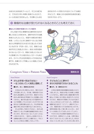 7
Caregivers Voice × Patients Voice 闘病生活
がんは手術＝完治ではない
一生つきあっていく病気と理解して
　大学生のときに胃がんになり、胃の３分の
２を切除しました。その後、再発を防ぐため
抗がん剤治療をしたのですが、家族でさえも
抗がん剤が単なる予防薬ぐらいの認識しかあ
りません。髪の毛も抜けないので服用中のつ
らさを理解してもらえなかったのですが、
食
欲もなく色素沈着も出ました。今も手術の後
遺症で常におなかの調子はよくありません。
　がんは手術して終わりではなく、抗がん剤
を続けている人や治療の後遺症のある人など
がいます。周りからは「治ってよかったね」
と言われますが、１度がんと診断されたら、
治療後も頭からそのことが離れない。今もつ
らいことがあると理解してほしいです。
from Patient
●20代、本人（闘病生活２年目）
子どものことに夢中で
まわりを許容できなくなることも
　小学生の長男が急性骨髄性白血病とわかり
入院しました。免疫力が低いため親しか病室
に入れません。病院では同じ境遇の親子が何
組もいて仲良くなり明るい気持ちでいられる
のですが、病院の外で現実に子どもが元気で
いる人と交わることがつらかった。次男の幼
稚園の送り迎えで「どう？」と聞かれてもヘ
コみ、周囲を受け入れる余裕がないのです。
長男を病室に残して家に帰ったときに、夫が
ビールを飲んでいても突っかかってしまう。
　下の子どもたちは実家で面倒をみてもらっ
たのですが、長男を亡くした後、次男や長女
をみて
『大きくなった』
と思いました。
何もみ
えないくらい突っ走っていたのだと思います。
from Caregiver
●40代、母（闘病生活1年）
会的なサポートが受けられるかについても検討
することで、家族にかかる経済的な負担を減ら
せます
（P24〜27）
。
はあらかじめお金をプールして、そこから使うな
ど、できるだけ早い時期に患者さんも交えて、
ルールを決めておきまし
ょ
う。その際にどんな社
●悩んだら周囲や医療スタッフに相談を
　がんが進行すると積極的な治療を受けるのが
難しくなることがあります。退院や在宅での治療、
患者さんがしたいこと、財産や大事な持ち物の
管理、いざというときに連絡すべき人などを患
者さんが希望を伝えられるうちに話し合っておき
たいものです（P28～30）
。ただ、患者さん自
身がそのことを話したくない、あるいは死を認め
なくないというケース、家族には話したくないけ
れど医療スタッフには話せるというケースもあり
ます。タイミングと状況を見計らっての対応が必
要です。医療スタッフや親しい人に相談してみる
のも方法です。
積極的な治療が受けられなくなるときのことも考えておく
 