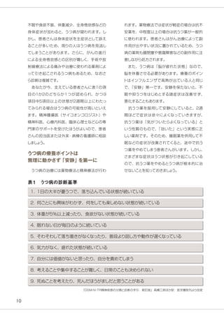 10
れます。薬物療法では症状が軽症の場合は抗不
安薬を、中程度以上の場合は抗うつ薬が一般的
に使われます。患者さんはがん治療によって副
作用が出やすい状況に置かれているため、うつ
病の薬剤も腸閉塞や意識障害などの副作用に注
意しながら処方されます。
　また、うつ病は「脳が疲れた状態」なので、
脳を休養させる必要があります。療養のポイン
トはインフルエンザで高熱が出ている人と同じ
で、「安静」第一です。安静を保たないと、不
眠や抑うつをはじめとする諸症状は改善せず、
悪化することもあります。
　抗うつ薬を服用して安静にしていると、2週
間ほどで症状は徐々によくなっていきますが、
抗うつ薬は「気がついたらよくなっている」と
いう性質のもので、「効いた」という実感に乏
しい薬剤です。そのため、睡眠薬を併用して不
眠などの症状が改善されてくると、途中で抗う
つ薬をやめてしまう患者さんがいます。しかし、
さまざまな症状はうつ状態が引き起こしている
ので、抗うつ薬をやめるとうつ病が根本的に治
せないことを知っておきましょう。
不眠や食欲不振、体重減少、全身倦怠感などの
身体症状が加わると、うつ病が疑われます。し
かし、患者さんは身体症状を主症状として訴え
ることが多いため、周りの人はうつ病を見逃し
てしまうことがあります。さらに、がんの進行
による全身倦怠感との区別が難しく、手術や放
射線療法による痛みや治療に使われる薬剤によ
って引き起こされるうつ病もあるため、なおさ
ら診断は複雑です。
　あなたが今、支えている患者さんに表１の項
目の1か2のどちらか１つが認められ、かつ９
項目中5項目以上の状態が2週間以上にわたっ
てみられる場合はうつ病の可能性が高いといえ
ます。精神腫瘍医（サイコオンコロジスト）や
精神科医、心療内科医、臨床心理士など心の専
門家のサポートを受けたほうがよいので、患者
さんの担当医または外来・病棟の看護師に相談
しましょう。
うつ病の療養ポイントは
無理に動かさず「安静」を第一に
　うつ病の治療には薬物療法と精神療法が行わ
表１　うつ病の診断基準
『DSM-IV-TR精神疾患の分類と診断の手引　新訂版』高橋三郎ほか訳　医学書院刊より改変
1．1日の大半が憂うつで、落ち込んでいる状態が続いている
9．死ぬことを考えたり、死んだほうがましだと思うことがある
8．考えることや集中することが難しく、日常のことも決められない
7．自分には価値がないと思ったり、自分を責めてしまう
6．気力がなく、疲れた状態が続いている
5．そわそわして落ち着きがなくなったり、普段より話し方や動作が遅くなっている
4．眠れない日が毎日のように続いている
3．体重が5％以上減ったり、食欲がない状態が続いている
2．何ごとにも興味がわかず、何をしても楽しめない状態が続いている
 