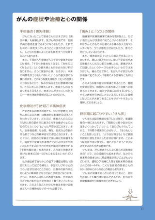 11
　がんになったことで患者さんはさまざまな「喪
失体験」も経験します。乳がんの手術では、乳房
や胸の筋肉を残せるようになりましたが、それで
も体の一部を失ってしまうことに変わりありませ
ん。しこりの位置によっては乳房をすべて切除す
ることもあります。
　また、子宮がんや卵巣がんで子宮や卵巣を切除
した場合、「子どもを産めなくなる」、「女性でな
くなるよう」という喪失感とも向き合わなければ
なりません。さらに家族や仕事、生きがい、未来
の時間を失うかもしれないという心の喪失感にも
襲われます。このような喪失体験が「死への恐怖」
につながることで、悩みが悩みを生む悪循環に陥
り、さらに苦しみが増大します。患者さんの立ち
直りを支えるうえで、患者さんが失っていったも
の――喪失体験を理解することも大切です。
がんの症状や治療と心の関係
手術後の「喪失体験」
　さまざまな治療法の中でも、特に化学療法（抗
がん剤による治療）は精神的な影響を及ぼすこと
がわかっています。たとえば、患者さんの心には
「抗がん剤の副作用に耐えられず治療が中止にな
るのではないか」といった不安が起こります。ま
た、全身倦怠感、吐き気、嘔吐、脱毛などの副作
用も抑うつなどの精神症状の原因となります。そ
の１つに、初回の化学療法で強い嘔吐を経験する
と、病院や化学療法を連想させるものを見たり思
い出したりするだけで吐き気や嘔吐が誘発される
「予期性嘔吐症」があります。これは化学療法を
受けた患者の25～50％に生じるといわれてい
ます。
　化学療法終了後も体力の低下や遷延性嘔吐（数
日にわたって起こる嘔吐）、手足のしびれなどの
つらい症状が続くことがあり、治療中の副作用と
同じように精神症状を引き起こす原因となります。
さらに、患者さんはがんの再発や転移、合併症の
リスクなど新たな不安を抱えて暮らすことにもな
ります。このようなことから化学療法を受ける患
者さんへの精神的なサポートも必要です。
化学療法が引き起こす精神症状
　鎮痛薬や医療用麻薬で痛みを取り除くと、ひど
い落ち込みが改善されることがよくあります。そ
れはがんそのものや治療による痛みが大きなスト
レスになり、うつ状態を引き起こしたり、悪化さ
せたりしているからです。
　また、精神症状の１つとして痛みが出ることも
あります。激しい痛みとともに強い不安症状があ
る患者さんに抗うつ薬で治療したら、激痛が消え
て回復したというケースもめずらしいものではあ
りません。痛みだけでなく、乳がんや子宮がんの
手術後に起こるリンパ浮腫による苦痛なども同じ
です。
　このような身体症状が軽減されることで、睡眠
や食欲が戻り、精神的にも落ち着いて治療への意
欲も出てきます。痛みや苦痛に起因するストレス
やうつ状態を引き起こさないようにするには我慢
しないことが大事であることをサポートする人も
理解しておきましょう。
「痛み」と「うつ」の関係
　せん妄とは脳の機能が低下した状態で、意識障
害の一種にあたります。「周囲の状態や自分の状
況をよくわかっていない」、「急にぼんやりしてし
まう」、「時間や場所がわからない」、「ありもしな
いことを言い出す」、「人や虫が見える」など意識
や認知に混乱を来たした症状が現れます。このよ
うな症状が急に発症し、現れたかと思うとすぐに
消失するのも大きな特徴です。
　せん妄は、がん患者さんによく見られる精神症
状の１つで、どの段階でも起きますが、なかでも
終末期の患者さんに発症頻度が高いことがわかっ
ています。緩和ケア病棟に入院する終末期の患者
さんの28～44％、亡くなる直前の患者さんの
68～88％にみられるとの報告もあります。
　せん妄の知識をあらかじめ持っておくと、症状
が出現しても驚かずに対応できるため、担当医や
病棟看護師から情報を得ておきましょう。
終末期に起こりやすい「せん妄」
 