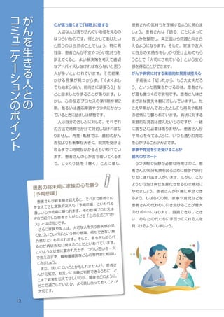 12
心が落ち着くまで「傾聴」に徹する
　大切な人が落ち込んでいる姿を見るの
はつらいものです。何とかしてあげたい
と思うのは当然のことでしょう。特に男
性は、患者さんが不安やつらい気持ちを
訴えてくると、よい解決策を考えて適切
なアドバイスしなければならないと思う
人が多いといわれています。その結果、
かける言葉が見つからず、「くよくよし
ても始まらない。前向きに頑張ろう」な
どと励ましたりすることがあります。し
かし、心の反応プロセスの第1期や第2
期、あるいは適応障害やうつ病にかかっ
ているときに励ましは禁物です。
　人は自分の苦しみに対して、それぞれ
の方法で時間をかけて対処しなければな
りません。再発・転移では、最初のがん
告知よりも衝撃が大きく、現実を受け止
めるまでに時間がかかるともいわれてい
ます。患者さんの心が落ち着いてくるま
で、じっくり話を「聴く」ことに徹し、
患者さんの気持ちを理解するように努めま
しょう。患者さんは「語る」ことによって
苦しみを整理し、真正面から問題と向き合
えるようになります。そして、家族や友人
に自分の気持ちをしっかり受け止めてもら
うことで「大切にされている」という安心
感を得ることができます。
がんや病状に対する楽観的な発言は控える
　手術後に「切ったから、もう大丈夫だろ
う」といった言葉をかけるのは、患者さん
が最も傷つくので禁句です。患者さんはさ
まざまな喪失体験に苦しんでいますし、た
とえ早期がんであったとしても再発や転移
の恐怖にも襲われています。病状に対する
楽観的な発言は控えたいものですが、一緒
に落ち込む必要はありません。患者さんが
平常心を保てるように、いつも通りの対応
を心がけることが大切です。
家事や育児を引き受けることが
最大のサポート
　うつ状態で安静が必要な時期なのに、患
者さんの気分転換を図るために散歩や旅行
などに連れ出す人がいます。しかし、この
ような行為は病状を悪化させるので絶対に
やめましょう。患者さんが休養に専念でき
るよう、しばらくの間、家事や育児などを
患者さんの代わりに引き受けることが最大
のサポートになります。直接できないとき
は、あなたの代わりに手伝ってくれる人を
見つけるようにしましょう。
　患者さんが終末期を迎えると、それまで患者さん
を支えてきた家族や友人も「予期悲嘆」といわれる
激しい心の苦痛に襲われます。その悲嘆プロセスは
Ｐ８で紹介した患者さんがたどる「心の反応プロセ
ス」とほぼ同じです。
　さらに家族や友人は、大切な人を失う喪失感や早
く気づいていればという罪の意識、何もできない無
力感などにも苛まれます。そして、最も苦しめられ
るのが病状告知に関することだといわれています。
このような状態に置かれたとき、つらい思いを一人
で抱え込まず、精神腫瘍医など心の専門家に相談し
てみましょう。
　また、話しにくいことかもしれませんが、患者さ
んが元気で、お互いに冷静に判断できるうちに、ど
こまで真実を伝えてほしいのか、最後をどのように、
どこで過ごしたいのか、よく話し合っておくことが
大切です。
患者の終末期に家族の心を襲う
「予期悲嘆」
が
ん
を
生
き
る
人
と
の
コ
ミ
ュ
ニ
ケ
ー
シ
ョ
ン
の
ポ
イ
ン
ト
 