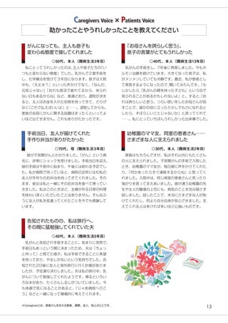 13
がんになっても、主人も息子も
変わらぬ態度で接してくれました
　私にとってうれしかったのは、主人や息子たちの「い
つもと変わらない態度」でした。乳がんで２度手術を
し、化学療法を受けて３年目になります。息子は入院
中も、「大丈夫？」といった声かけでなく、「なんだ、
元気じゃない」「おれも部活で疲れてるから、来られ
ない日もあるからね」など、普通どおり。退院が決ま
ると、主人はお金を入れた封筒を持ってきて、さりげ
なく「これで払えばいいよ」と……。退院してからも、
家族の会話にがんに関する話題はまったくといってよ
いほど出てきません。これもありがたかったです。
◎50代、本人（闘病生活3年目）
手術当日、友人が届けてくれた
手作り弁当がありがたかった
　娘が子宮頸がんとわかりました。「がん」という病
名に、非常にショックを受けました。手術当日を迎え、
娘の手術は午前中に始まり、午後には終わる予定でし
た。私が病院で待っていると、病院の近所に住む私の
友人が手作りのお弁当を持ってきてくれました。その
まま、彼女は私と一緒にそのお弁当を食べて帰ってい
きました。私はこのときほど、主婦が作る日常の料理
を味わい深くいただいたことはありません。そんなふ
うに友人が私を気遣ってくれたことを今でも感謝して
います。
◎70代、母（闘病生活３年目）
告知されたものの、私は旅行へ。
その間に猛勉強してくれていた夫
　乳がんと告知され手術することに。あまりに突然で、
手術日もあっという間に決まったため、夫は「ちょっ
と待って」と慌てた様子。私は手術できることに希望
を持っており、やるしかないという気持ちでした。告
知された2日後に友人と海外旅行に行く計画がありま
したが、予定通り決行しました。夫は私の旅行中、乳
がんについて勉強してくれたようです。帰るといろい
ろな本があり、たくさんしるしがついていました。今
も体調で気になることがあると、「じゃあ病院へ行こ
う」などと一緒になって積極的に考えてくれます。
◎40代、本人（闘病生活5年目）
「お母さんを誇らしく思う」。
息子の言葉がとてもうれしかった
　乳がんの手術をし、7年後に再発しました。今もホ
ルモン治療を続けています。大きくなった息子は、私
がメソメソしていても冷静です。最近、私が患者とし
て発言するようになったので、聞いてみたんです。「も
しかしたら『乳がんの親を持った子ども』という目で
見られることがあるかもしれないよ」と。すると、「お
れは誇らしいと思う。つらい思いをしたお母さんが話
すことで、誰かの役に立ったり少しでも力になれると
したら、すばらしいことじゃないか」と言ってくれて
……。私にとっていちばんうれしかった出来事でした。
◎40代、本人（闘病生活13年目）
幼稚園のママ友、同室の患者さん……
さまざまな人に支えられました
　家族はもちろんですが、私はそれ以外にもたくさん
の人に支えられました。子宮頸がんの手術で入院した
とき、幼稚園のママ友が、毎日娘に声をかけてくれた
り、「何かあったらすぐ連絡するからね」と言ってく
れました。入院中は、同じ病室の患者さんと笑ったり
強がりを言って支えあいました。娘が通う幼稚園の先
生や主人の職場の上司にも、病気のことを包み隠さず
話しました。話したことで、本当にさまざまな人が助
けてくれたし、何より自分自身が安心できました。支
えてくれる人は多ければ多いほど心強いものです。
◎30代、本人（闘病生活2年目）
助かったことやうれしかったことを教えてください
Caregivers Voice × Patients Voice
※Caregiverとは、患者さんを支える家族、親類、友人、知人のことです。
 