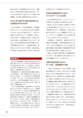20
小板減少に対しては輸血が行われます。
手術後は機能回復のための
リハビリテーションも必要
　がんの治療を終えた後、リハビリテーション
や特別なケアが必要になる場合があります。
　例えば、乳がんで手術をした患者さんであれ
ば、腕や肩を動かすリハビリテーション、リン
パ節切除に伴うリンパ浮腫を防ぐ、あるいは治
療するためのマッサージや運動を行います。ま
た、バストラインの補整のしかたも入院中に聞
いておくほうがいいかもしれません。
　子宮頸がん、子宮体がん、卵巣がんなどでの
腹部の手術の影響で、尿意や便意を感じなくな
ったり、排せつが困難になったりした場合には、
膀胱の弛緩と収縮を練習する膀胱訓練や自己導
尿、便秘予防対策などが必要となります。
　患者さんは病気や治療を通じて活動量が落ち
ているので、特に高齢者では体力を戻していく
ための運動を行うケースもあります。
治療や検査を続けながら、
5〜10年、経過観察が必要
　一般にがんは発見されてから5年間は、治療
後も経過をみていきます。乳がんはさらに時間
が経ってからの再発が懸念されるため、10年
間様子をみます。診断時のがんの状態や治療方
法、患者さんの年齢やがんのリスクなどによっ
て経過観察の頻度や検査の内容などは異なりま
す。先に述べたように、がん細胞は誰にでもで
きるのですが、いったんがんが見つかった人は
それだけがんになるリスクが高いということで
すから、慎重に経過をみていく必要があります。
　経過観察中の患者さんは、治療の副作用や再
発に対する怖さと闘う一方で、元の生活あるい
は新しい生活にフィットしていこうとしていま
す。周囲の人にとっては、患者さんの心身の調
子をそれとなく気遣いながら、不安をあおるこ
となく見守る時期です。
がんに伴う症状や治療の副作用には
支持療法が行われます
　がんの治療では、手術や薬物療法、放射線療
法などによって、がんそのものに対する治療を
行うほか、がんに伴う症状に対して、あるいは
治療に伴う症状に対して「支持療法」が並行し
て行われます。支持療法の目的は、患者さんの
症状を改善し、治療を継続させることです。例
えば、抗がん剤の副作用の吐き気や嘔吐に対し
て制
せい
吐
と
剤
ざい
が使われますし、白血球数が減り、感
染症にかかりやすくなった状態で、感染が疑わ
れる場合には抗生剤が用いられます。貧血や血
　新しい薬や医療機器、治療法の組み合わせなどを
実際に導入するには、それが本当に効果があるのか、
大きな副作用はないのか、どんな患者さんに適する
のかを調べる必要があります。そのため患者さんを
対象とした臨床試験が行われます。
　臨床試験のうち、製薬企業が厚生労働省に新薬と
しての申請をし、承認（使用許可のようなもの）を
得ることを目的に、データを揃えるための臨床試験
が「治験」です。また、すでに承認された薬を組み
合わせたり、手術や放射線療法と併用したりして、
よりよい治療法になるのかを調べるのが「医師（研
究者）主導臨床試験」です。
　このような臨床試験は、標準治療で十分な効果を
得ることができなかった患者さんにとって、選択肢
の１つになります。今、参加できる臨床試験がある
かどうかを担当医に聞いてみましょう。ただし、臨
床試験では参加できる患者さんの条件（これまでの
治療や病期／進行期など）や実施する医療機関が決
まっています。そのため、希望しても臨床試験の対
象にならないこともあります。また、まだ確立した
治療法ではなく、まさに試験であるため、必ずしも
これまでの治療よりも効果がある、あるいは副作用
が少ないとはいえないことを知っておくべきです。
臨床試験とは
期がんを除いては薬物療法が行われます。骨盤
内のリンパ節を切除する場合もあります。すで
にがんがおなかの中に散らばっている場合（腹
膜播種）では手術と薬物が組み合わされます。
 