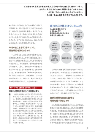 5
めた気持ちからあなたの心を一休みさせること
が必要です。1日に10分でも15分でもよいの
で、自分のための時間を確保し、疲れた心と体
をほぐしましょう。患者さんを支えた人の多く
は「たった数分でも自分のための時間をつくっ
たことで、ケアにうまく向き合い、集中できる
ようになった」ことを実感しています。
やるべきことをリストアップし
優先順位を決めましょう
　「一人でたくさんのことをやり過ぎていた」
と患者さんを支えた人の多くが振り返るように、
自分一人で何もかも抱え込んでしまう人は少な
くありません。特に男性は、その傾向が強いと
いわれます。しかし、あなたが一人で患者さん
をサポートすることに限界があることも知りま
しょう。ある患者さんは「夫が一人で背負いこ
み、気丈にふるまっている姿を見て、これ以上
の負担をかけてはいけないと、私のつらい気持
ちを何も言えなくなった」と打ち明けます。
　このように患者さんの気持ちを追いつめるこ
ともあるので、一人で抱え込んで頑張り過ぎな
いことが大切です。1週間単位でサポートする
ことのリストを作成し、項目ごとにどのくらい
の時間がかかるのか、どのくらい重要なことな
のかを整理し、あなたがやるべきことの優先順
位を決めましょう。そして、重要でないことは
リストから外します。ケアを長続きさせるため
の工夫として、ぜひ実行してみてください。
自分の感情を素直に出せる
場所を見つけましょう
　がんの診断や告知は患者さん本人だけでなく、
患者さんを支える家族や友人にも大きな衝撃を
与えます。特に家族の心の痛みは患者さんと同
等、あるいはそれ以上であることがわかってお
り、家族は「第２の患者」とも呼ばれます。悪
い知らせを受けて、家族の心にも怒りや否認、
不安や落ち込みといった反応がP8のように起
患者との関係で求められる役割は違う
　あなたは患者さんにできるかぎりのサポー
トをしたいと思っていることでしょう。しか
し、患者さんとの関係において求められる役
割は違います。患者さんがパートナー（配偶
者や恋人）の場合、あなたにサポートしても
らうことは快適だと思いますが、患者が母親
の場合、面倒をみてきた子どもに支えてもら
うことは受け入れがたいことかもしれません。
成人した子どもが患者の場合も、親であるあ
なたに頼りたくないこともあるでしょう。患
者にとって自分はどのような存在なのかを考
えたうえでサポートすることがよりよい支援
への第一歩です。
サポートするときに気をつけたいこと①
どんなに些細なことでも
かまわないので、
毎日自分のために何かする
時間を持ちましょう。
疲れた心と体をほぐしましょう
映画を
観たり、
買い物に
出かける
テレビを観て
大笑いする
趣味を続ける
深呼吸を
したり、
瞑想をする
ストレッチや
ヨガで
体を動かす
電話で
おしゃべりを
する
手紙や
電子メールを
出す
がん患者さんを支える家族や友人などの多くは心身ともに疲れています。
あなたは大切な人のために頑張り過ぎていませんか。
よりよいサポートのために心がけたいこと。
それは「あなた自身を大切にする」ことです。
 