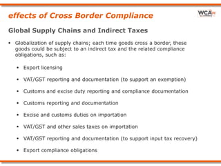 effects of Cross Border Compliance
Global Supply Chains and Indirect Taxes
 Globalization of supply chains; each time goods cross a border, these
goods could be subject to an indirect tax and the related compliance
obligations, such as:
 Export licensing
 VAT/GST reporting and documentation (to support an exemption)
 Customs and excise duty reporting and compliance documentation
 Customs reporting and documentation
 Excise and customs duties on importation
 VAT/GST and other sales taxes on importation
 VAT/GST reporting and documentation (to support input tax recovery)
 Export compliance obligations
 