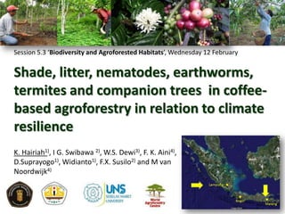 Session 5.3 ‘Biodiversity and Agroforested Habitats’, Wednesday 12 February

Shade, litter, nematodes, earthworms,
termites and companion trees in coffeebased agroforestry in relation to climate
resilience
K. Hairiah1), I G. Swibawa 2), W.S. Dewi3), F. K. Aini4),
D.Suprayogo1), Widianto1), F.X. Susilo2) and M van
Noordwijk4)

 