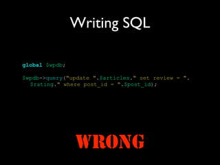 Writing SQL

global $wpdb;

$wpdb->query("update ".$articles." set review = ".
  $rating." where post_id = ".$post_id);




                WRONG
 