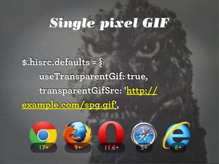 $.hisrc.defaults = {
useTransparentGif: true,
transparentGifSrc: 'http://
example.com/spg.gif',
6+5+9+ 11.6+17+
Single pixel GIF
 